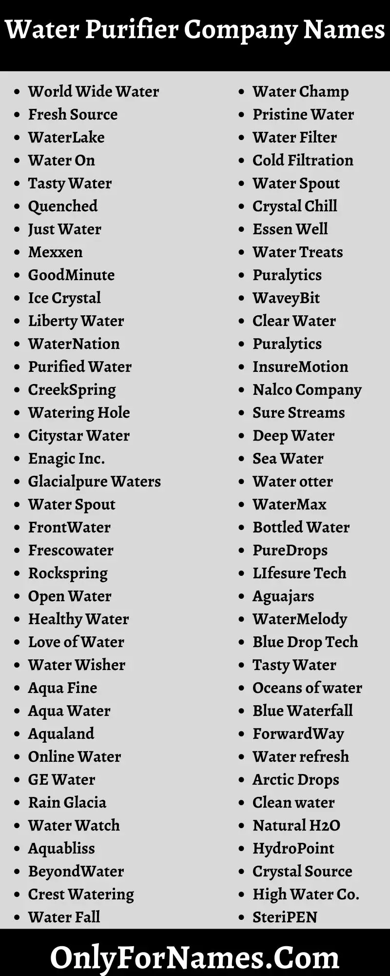 500 Water Purifier Company & Purified Water Business Names