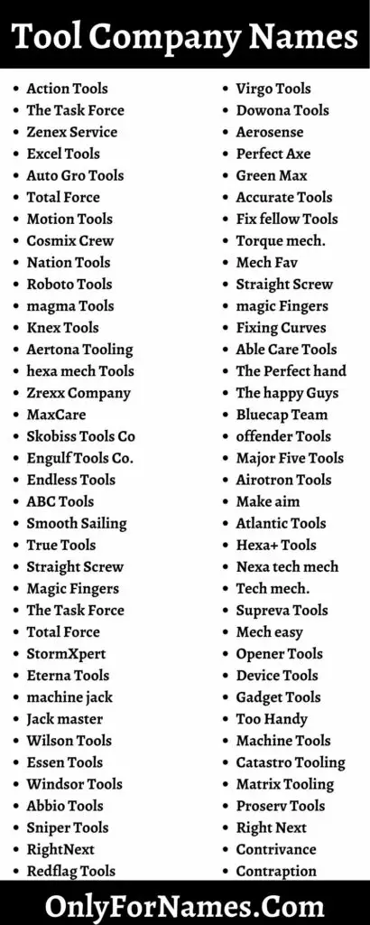 421 Tool Company Names & Machine Tools Business Name Ideas